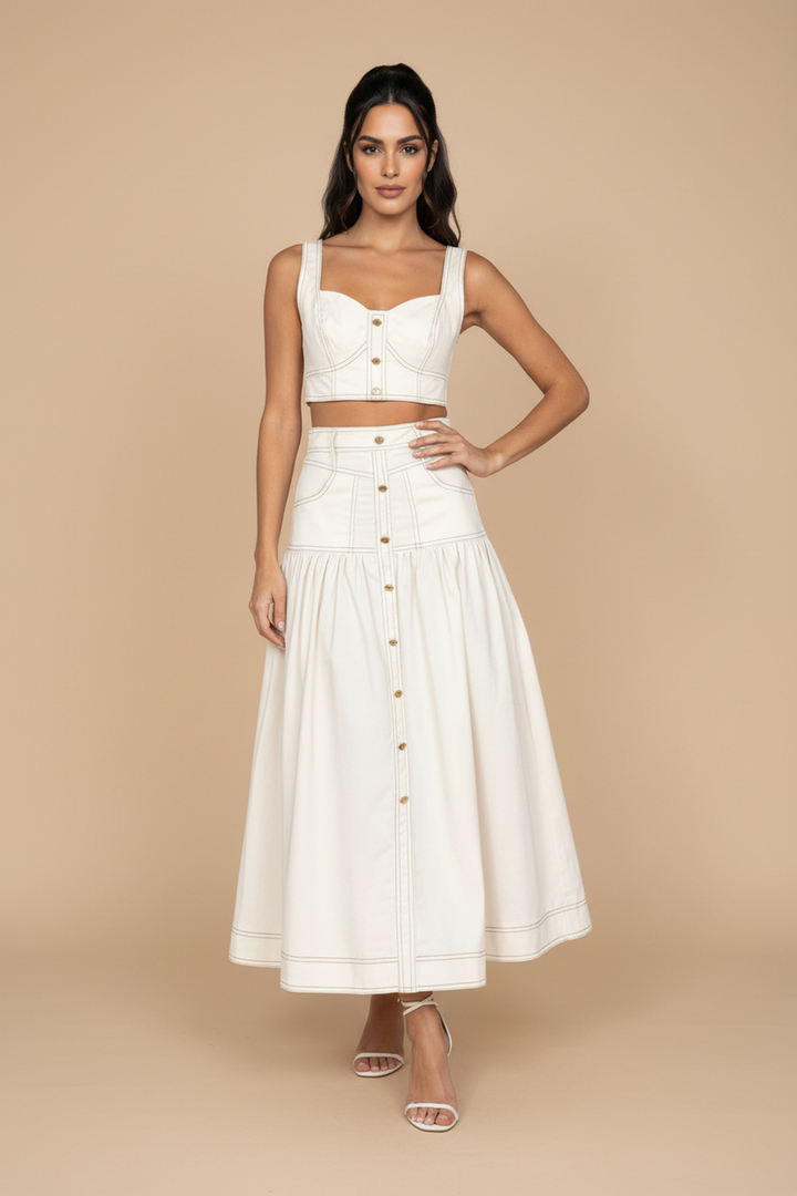 Felicity Classic Style Front Buttons Sleeveless Top & Skirt Set - Hot fashionista