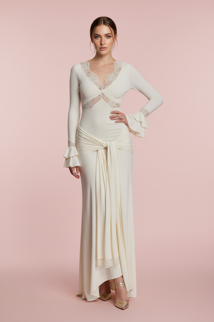 Addison Meshki Cream Long Sleeve Dress with Lace Dress