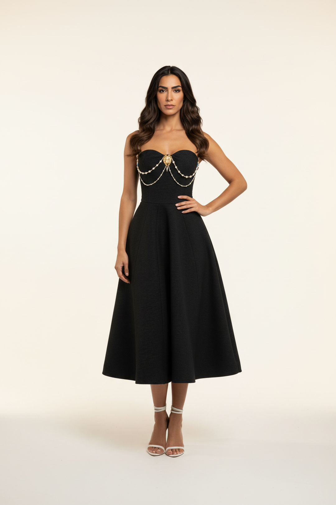 Riley Black Pearl Chain A-Line Midi Dress - Hot fashionista