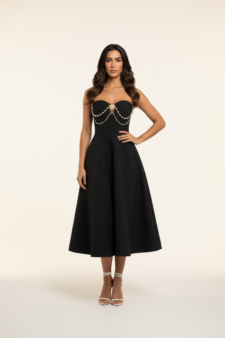 Riley Black Pearl Chain A-Line Midi Dress - Hot fashionista