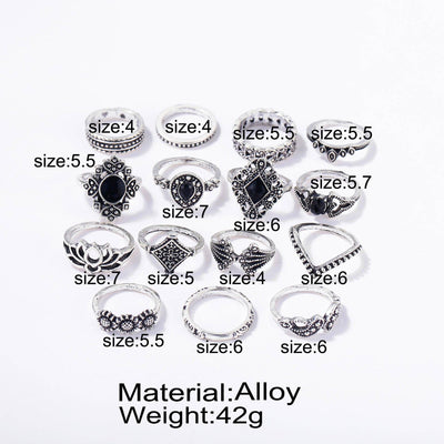 Unity 15 Pcs Bohemian Retro Crystal Ring Set - Hot fashionista