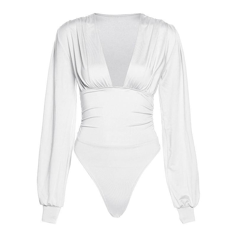 Tatiana Solid Bishop Sleeves Deep V Bodysuit - Hot fashionista