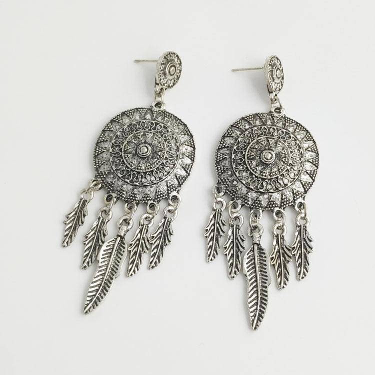 Viki Carved Dream Catcher Feather Long Tassel Earrings - Hot fashionista