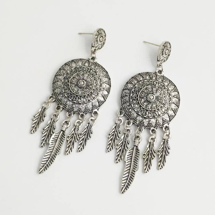 Viki Carved Dream Catcher Feather Long Tassel Earrings - Hot fashionista