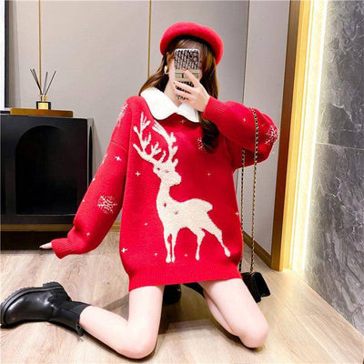 Blitzen Reindeer Print Long Sleeve Sweater - Hot fashionista