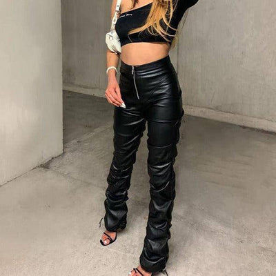 Katelyn Solid Ruched Leather Pants - Hot fashionista