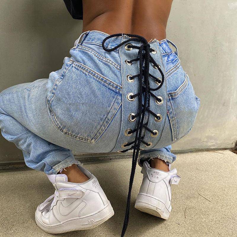 Madilyn Patchwork Lace Up High Waist Denim Jeans
