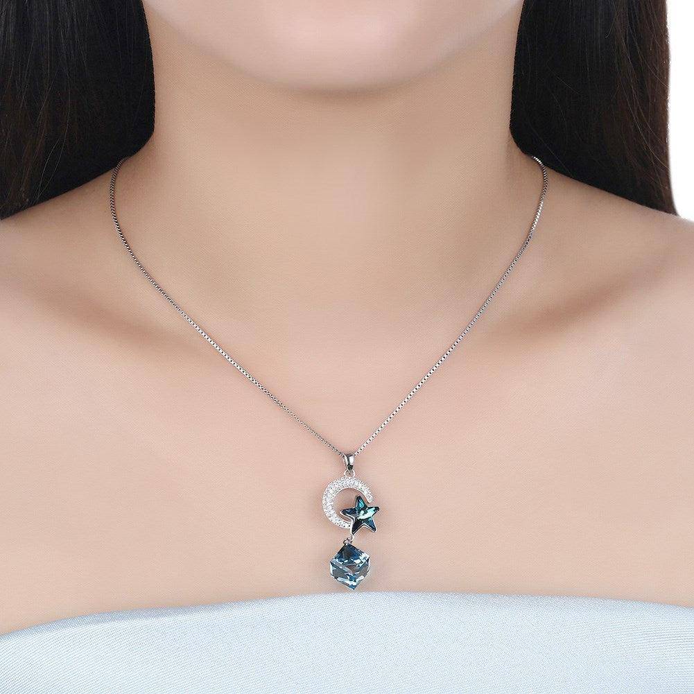 Rhea Sterling Silver Crystal Element Moon & Star Necklace
