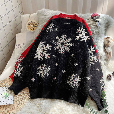 Agatha Glitter Snowflake Print Long Sleeve Sweater - Hot fashionista