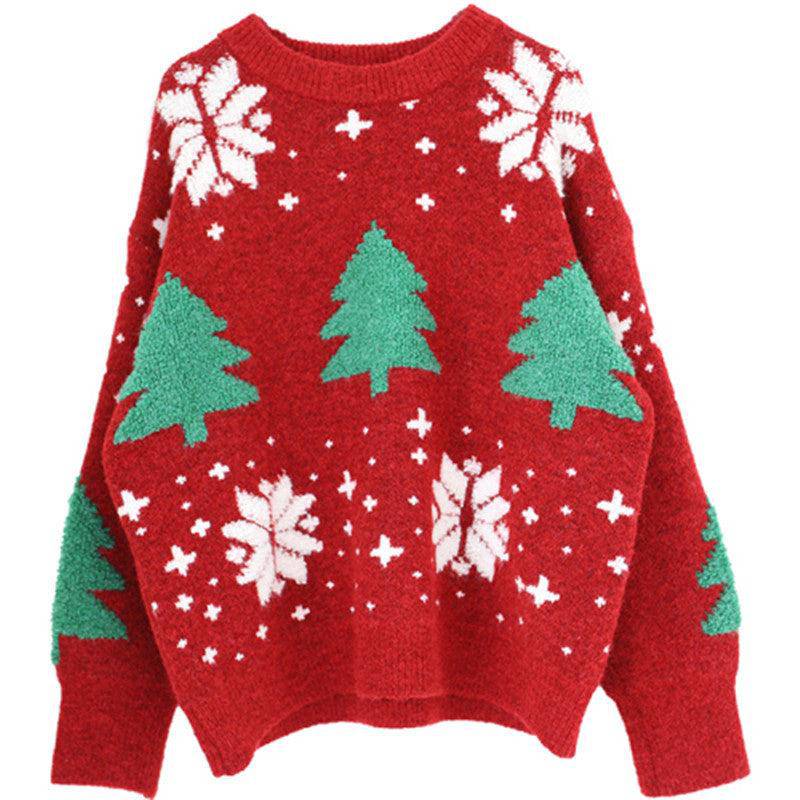 Cindy Long Sleeve Trees and Snowflakes Print Knitted Sweater - Hot fashionista