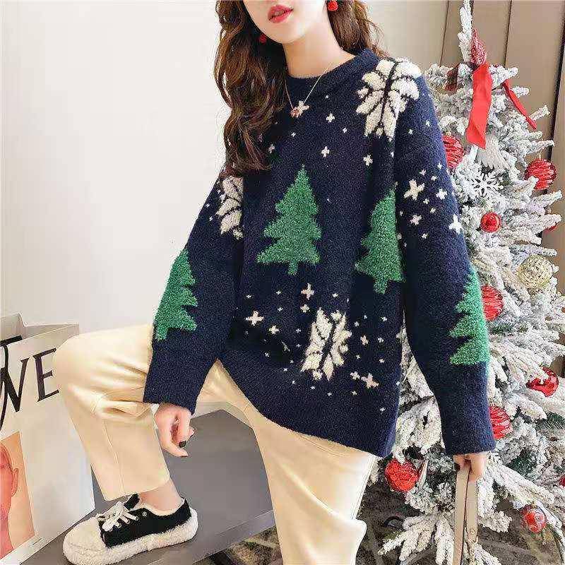 Cindy Long Sleeve Trees and Snowflakes Print Knitted Sweater - Hot fashionista