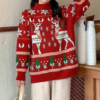 Couple Reindeer Print Long Sleeve Knitted Sweater - Hot fashionista