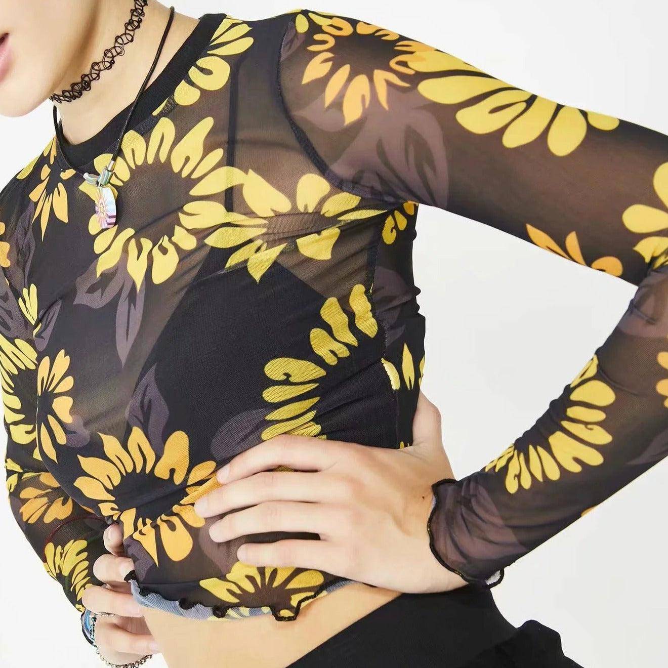 Jayda Allover Sunflower Print Sheer Crop Top - Hot fashionista