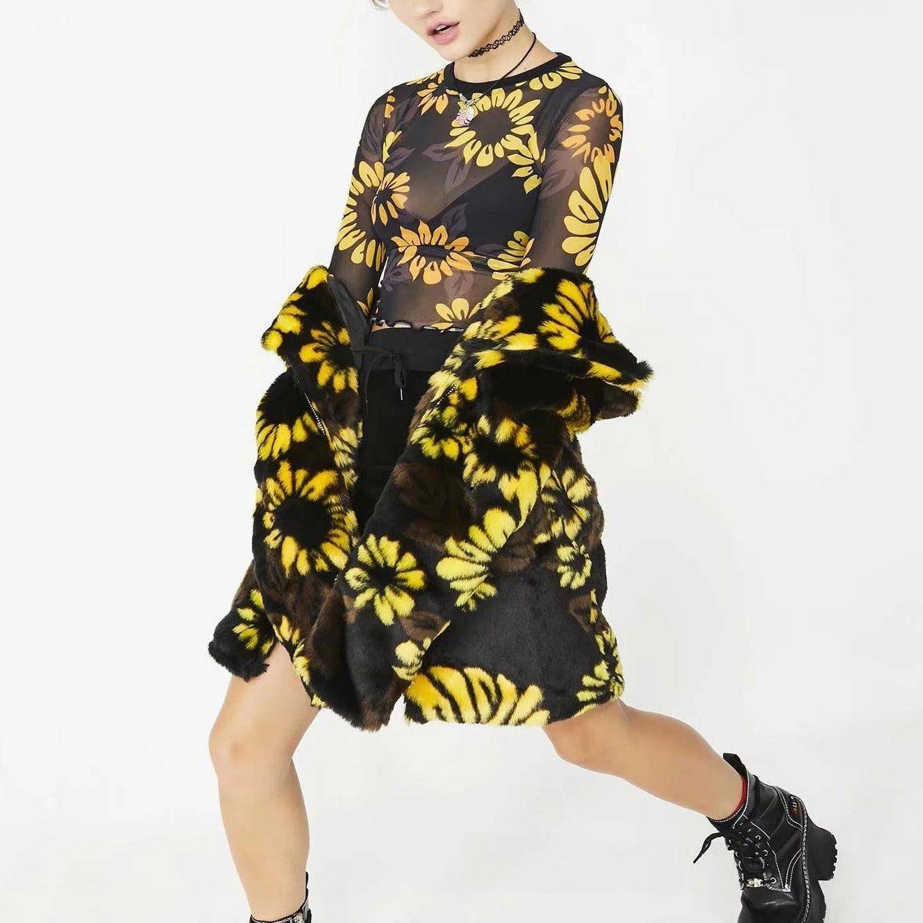 Jayda Allover Sunflower Print Sheer Crop Top - Hot fashionista
