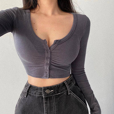 Maggie Solid Button Closure Long Sleeve Crop Top - Hot fashionista