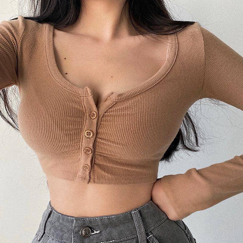 Maggie Solid Button Closure Long Sleeve Crop Top - Hot fashionista