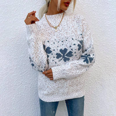 Chloe Turtleneck Clover Print Long Sleeve Rib Knit Sweater - Hot fashionista