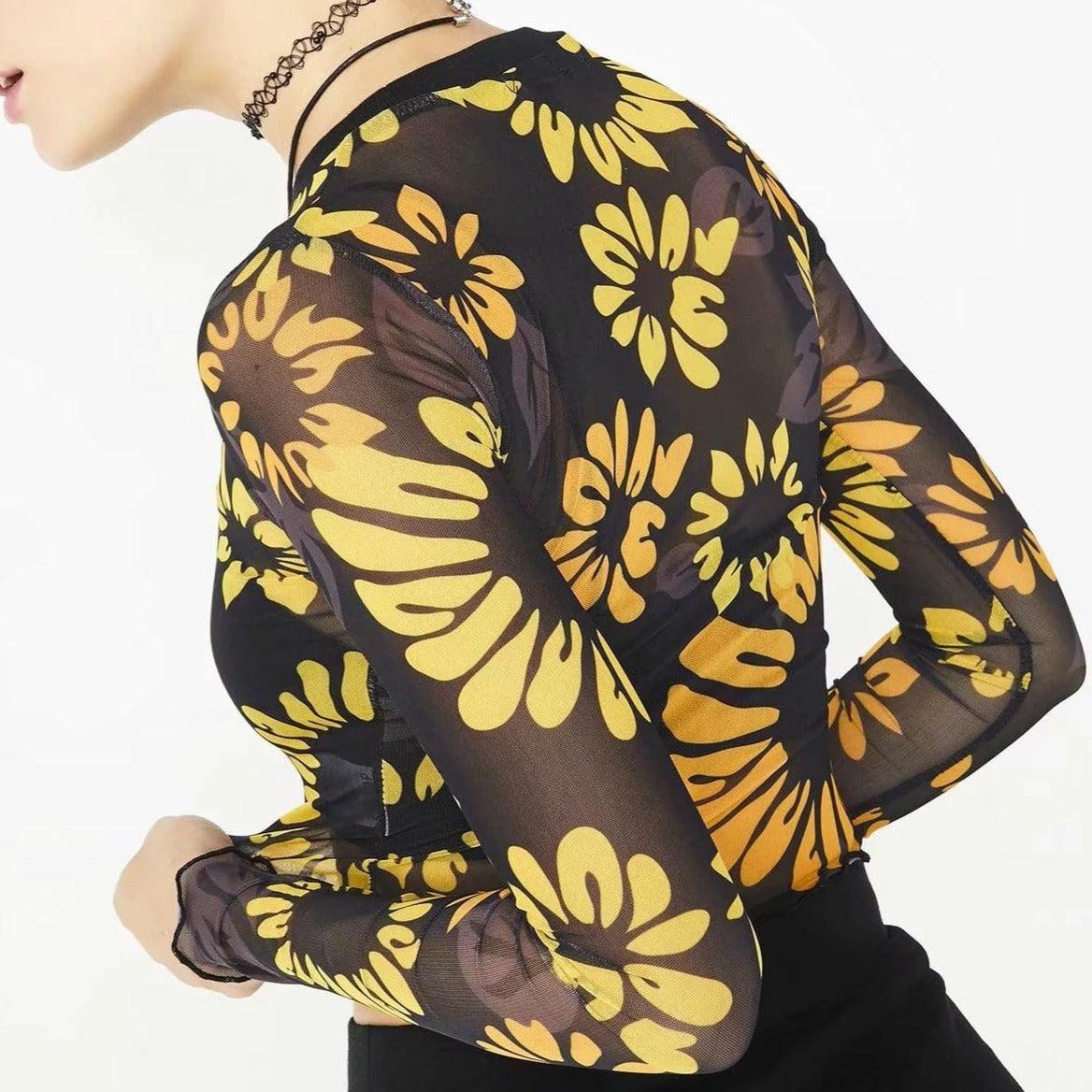 Hot Fashionista Jayda Allover Sunflower Print Sheer Crop Top