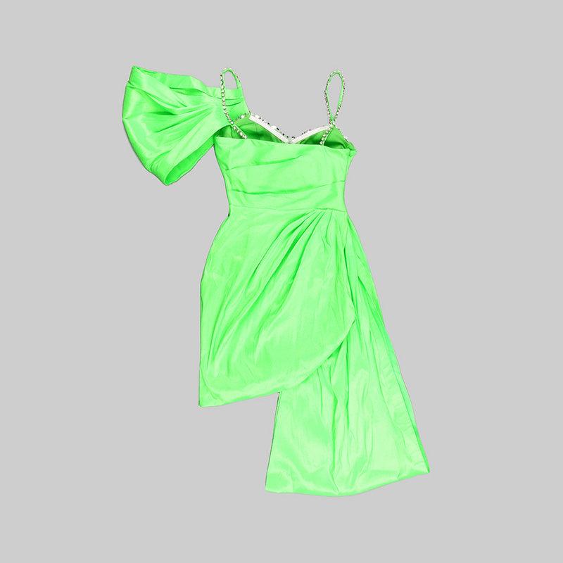 Lacey Strappy Crystals Beaded Green Satin Asymmetrical Dress - Hot fashionista