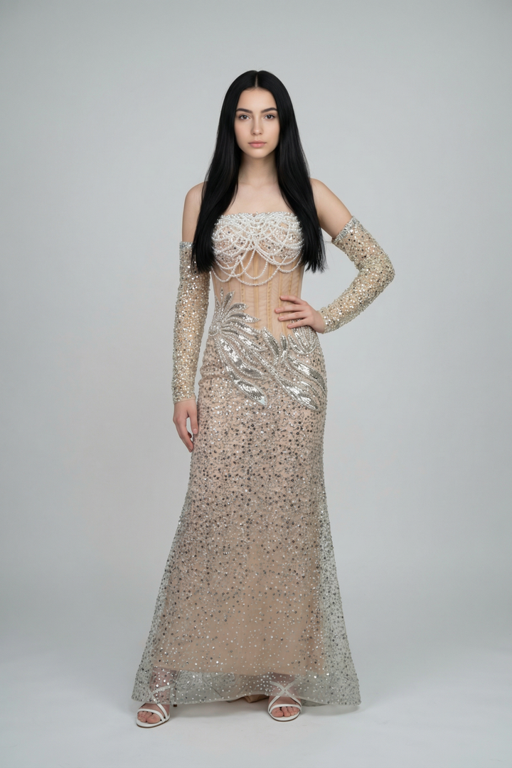 Ruby Beaded Crystals Mermaid Dress