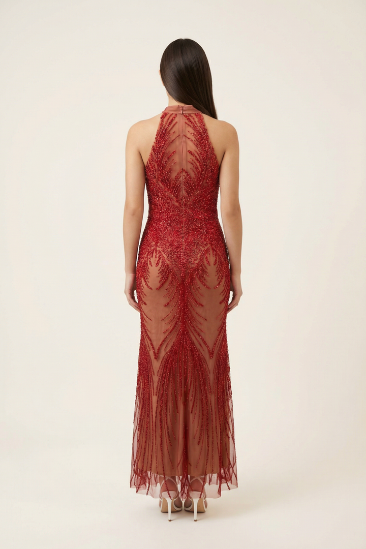 Kaia Beaded Ruffled Cape Dress