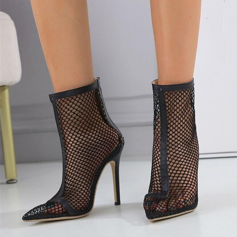 Hot Fashionista Mathilda Fishnet Mesh Pointed To High Heels Sandal