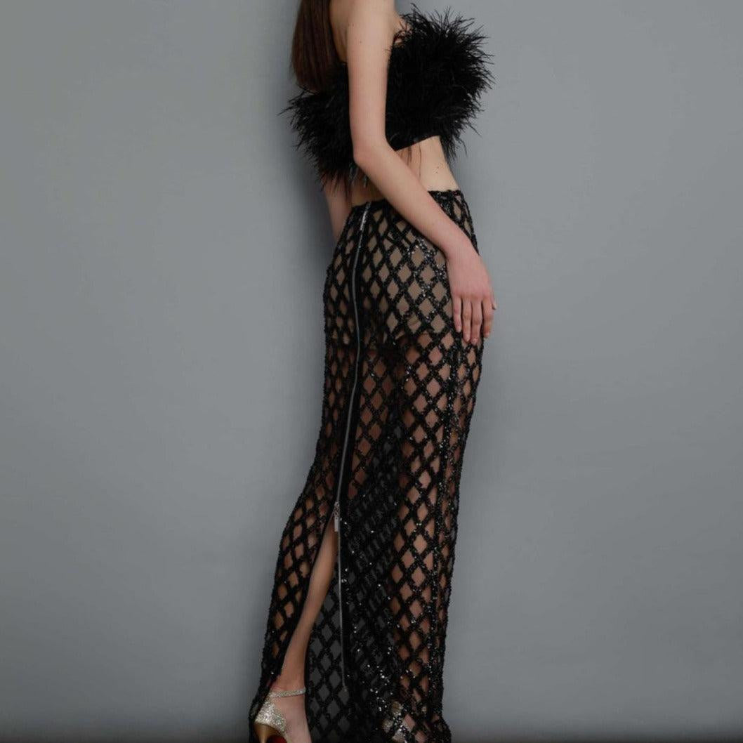Hot Fashionista Minerva Strapless Feather Cropped Top & Mesh Long Skirt Set