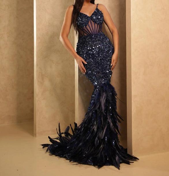 Roselyn V-Neck Mesh Sequins Blue Feather Maxi Dress - Hot fashionista