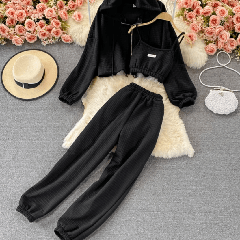 Hot Fashionista Savanna Crop Top with Ribbed Hooded Sweater & High Waist Pants Set